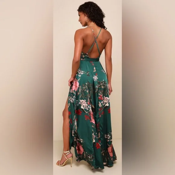 Lulu's Still the One Emerald Green Floral Print Satin Maxi Dress - Picture 2 of 16